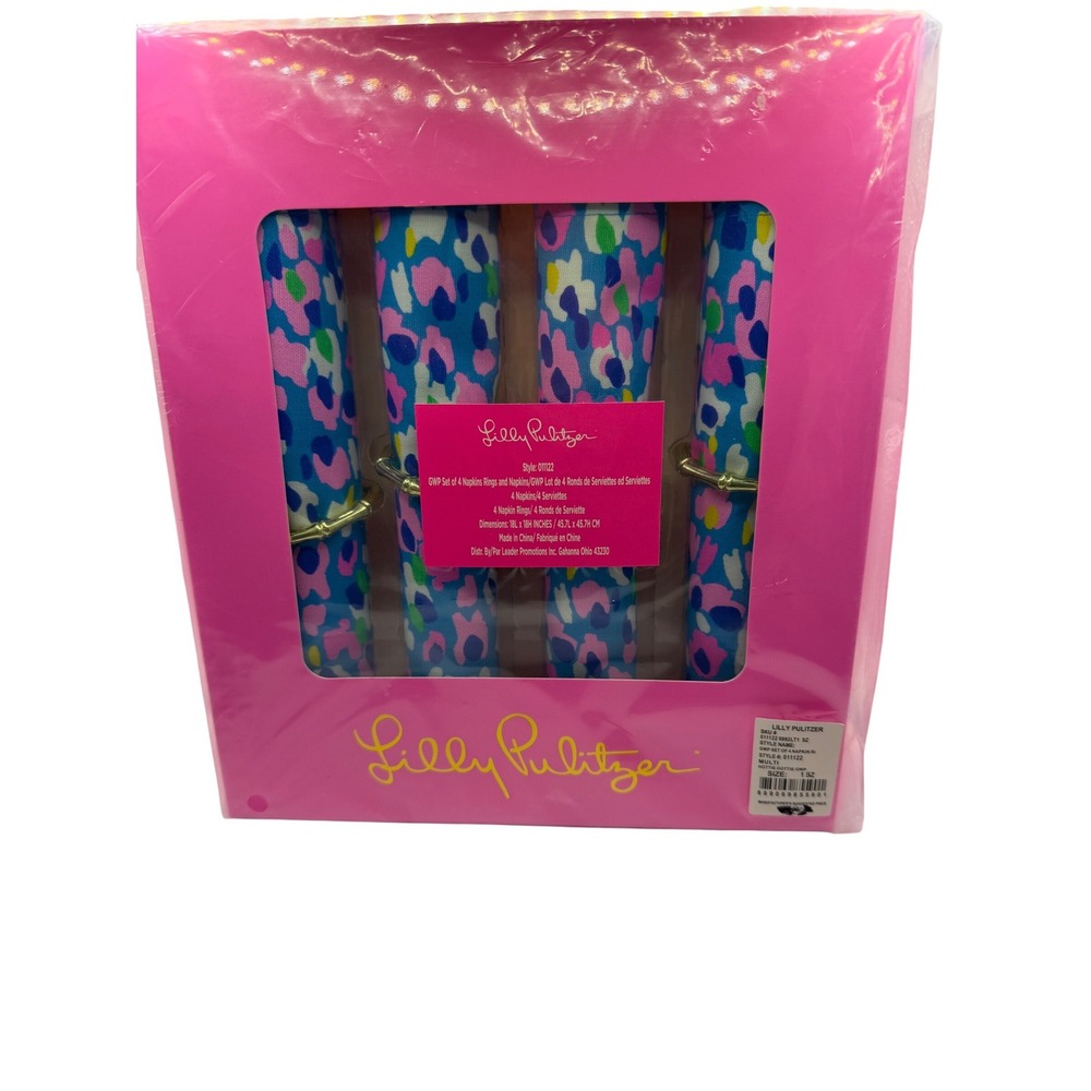 Lilly Pulitzer Hottie Dottie GWP Set of‎ 4 Napkins and Gold Bamboo Napkin Rings